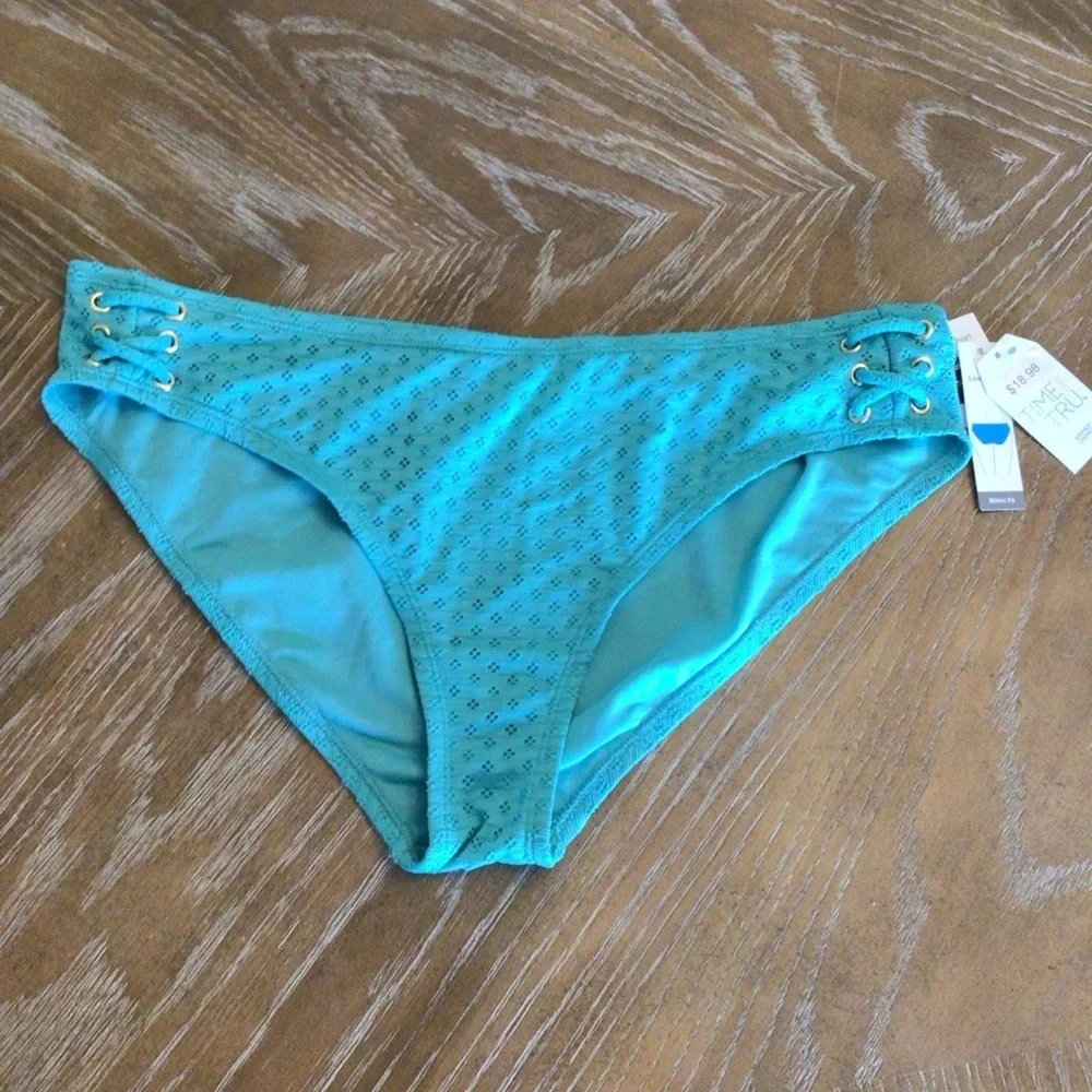 Time And Tru Womens Turquoise Low-rise Eyelet Bikini Bottoms Size XL 16-18